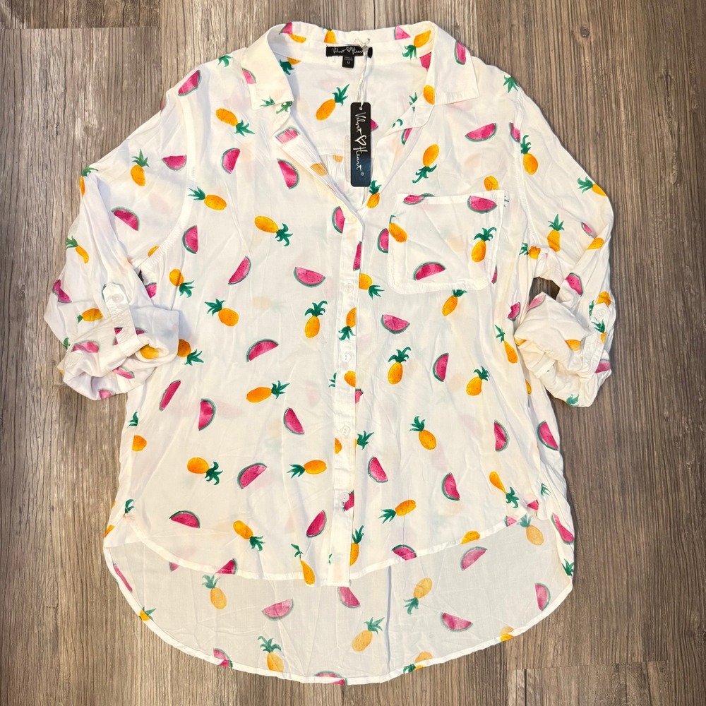Tropical Summer Fruit Print Button Down Shirt White Pineapple Watermelon M NWT
